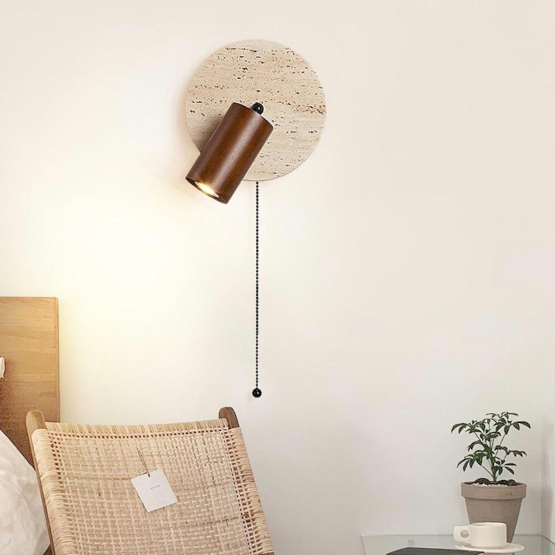 Wabi-Sabi Style Travertine Cylinder Wall Lamp with Pull-chain Switch